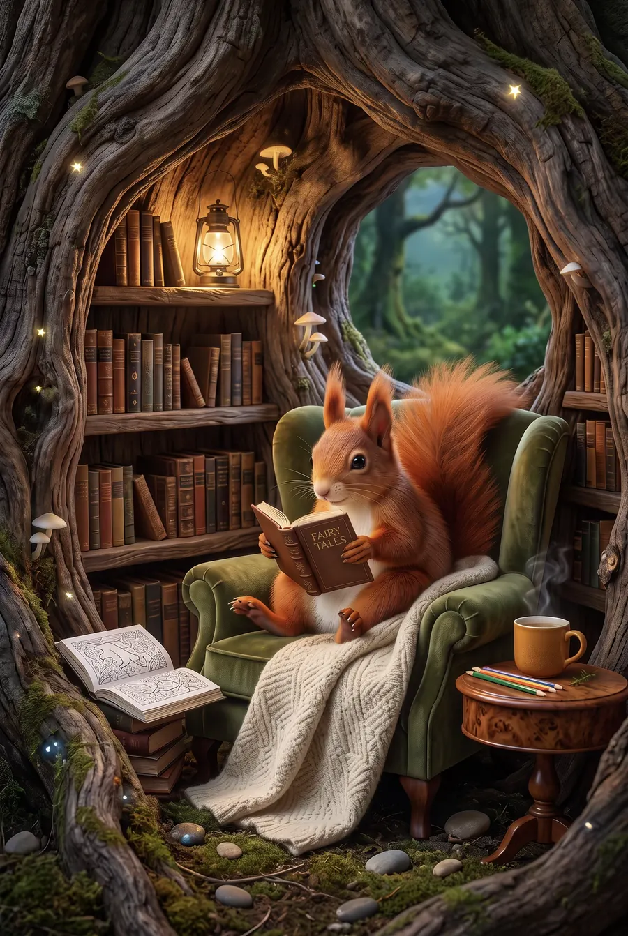 A red squirrel reading Fairy Tales in a green armchair inside a hollow oak library, lit by a lantern and fairy lights, with a cup of tea and coloured pencils beside it