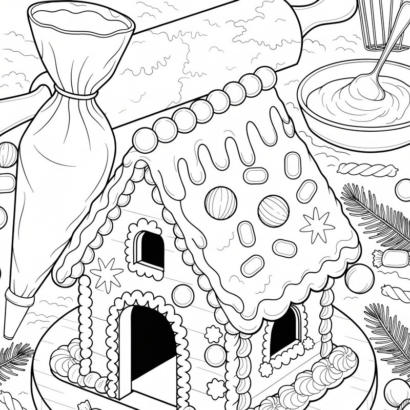Gingerbread house colouring page