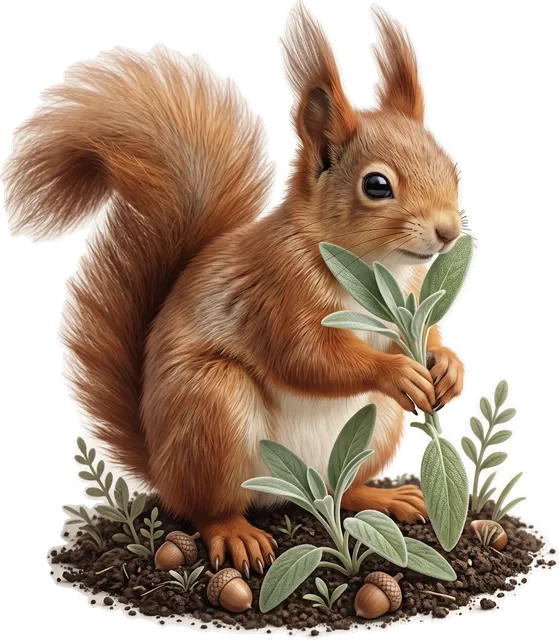 A red squirrel holding a sprig of sage among acorns
